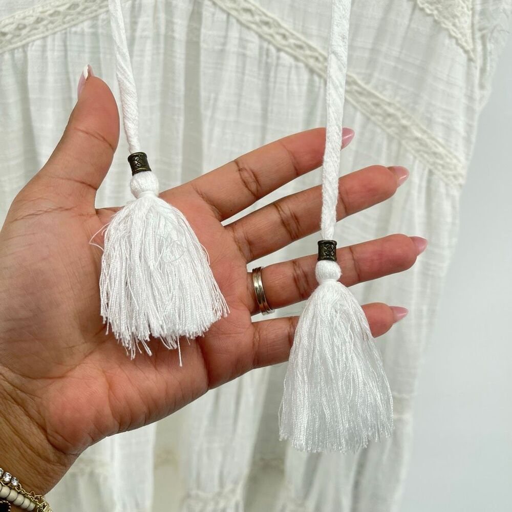 Knox Rose White Boho Lace Trim Tiered Short Dress Tassel Tie Size Large - Picture 5 of 14